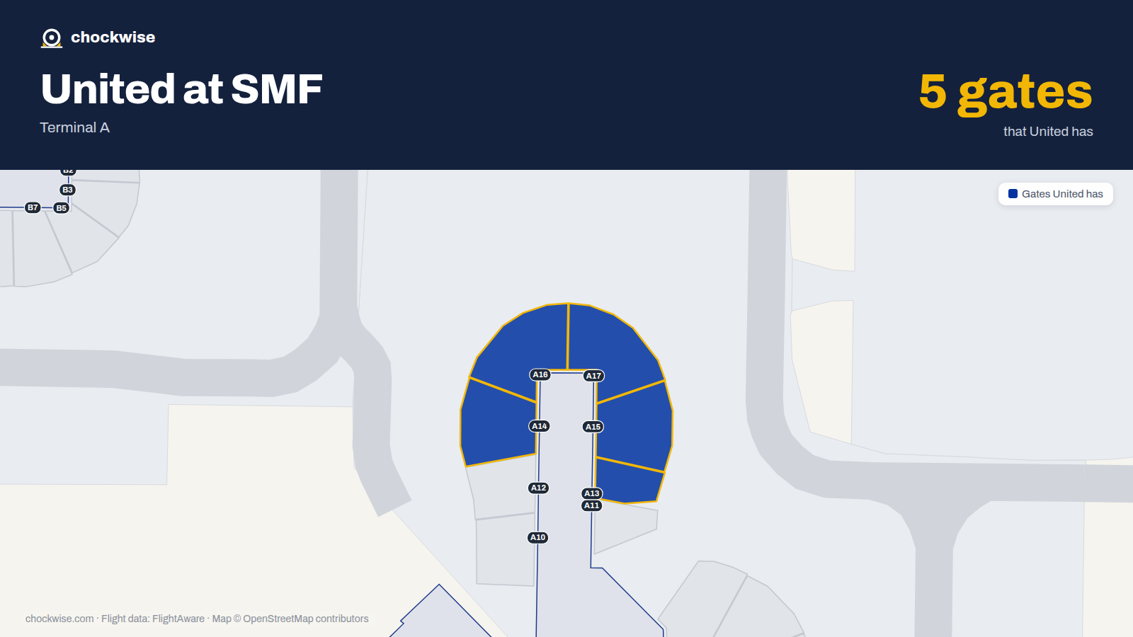Map of SMF with the gates United Airlines uses highlighted: A13, A14, A15, A16 and A17.