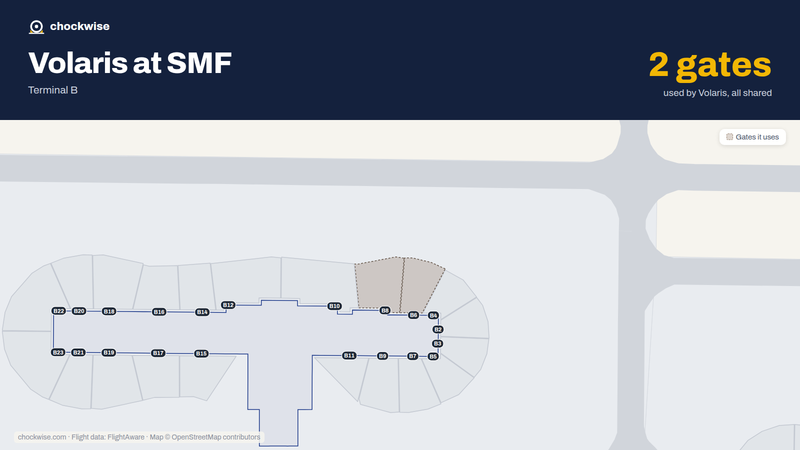 Map of SMF with the gates Volaris uses highlighted: B6 and B8.