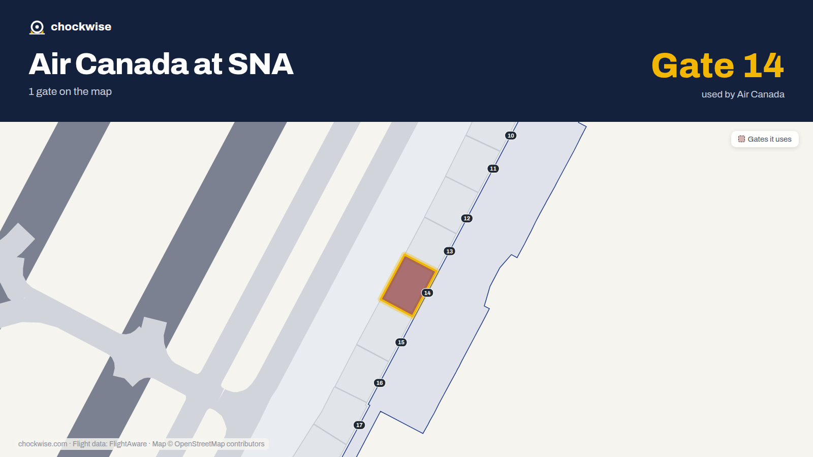 Map of SNA with the gates Air Canada uses highlighted: 14.