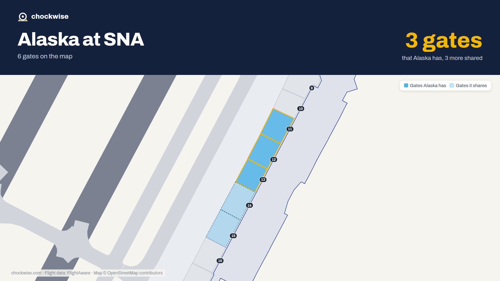 Map of SNA with the gates Alaska Airlines uses highlighted: 11, 12 and 13.