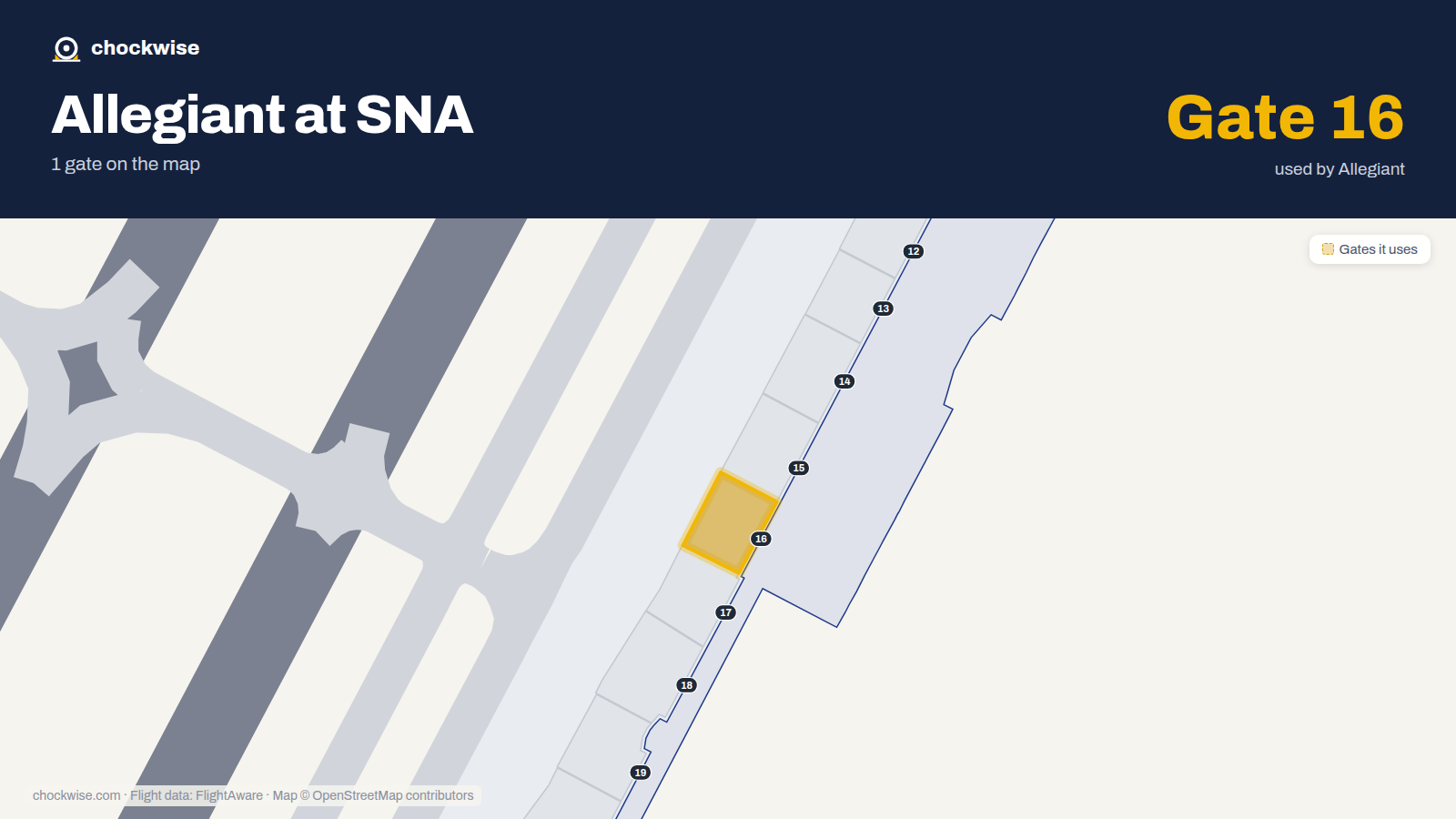 Map of SNA with the gates Allegiant Air uses highlighted: 16.