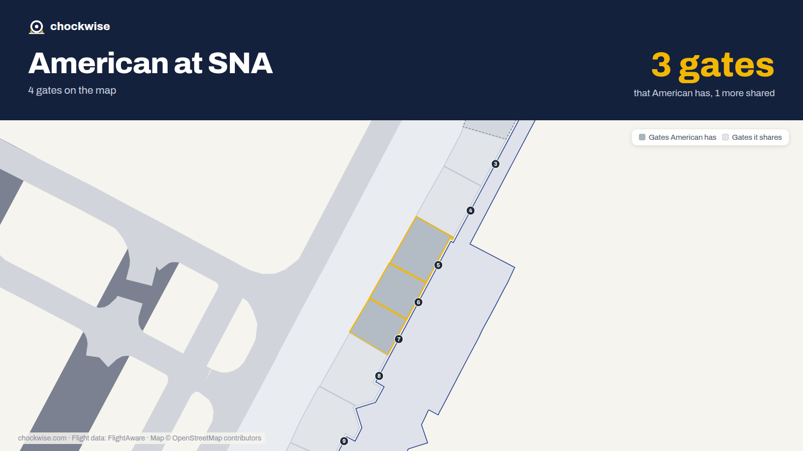 Map of SNA with the gates American Airlines uses highlighted: 5, 6 and 7.