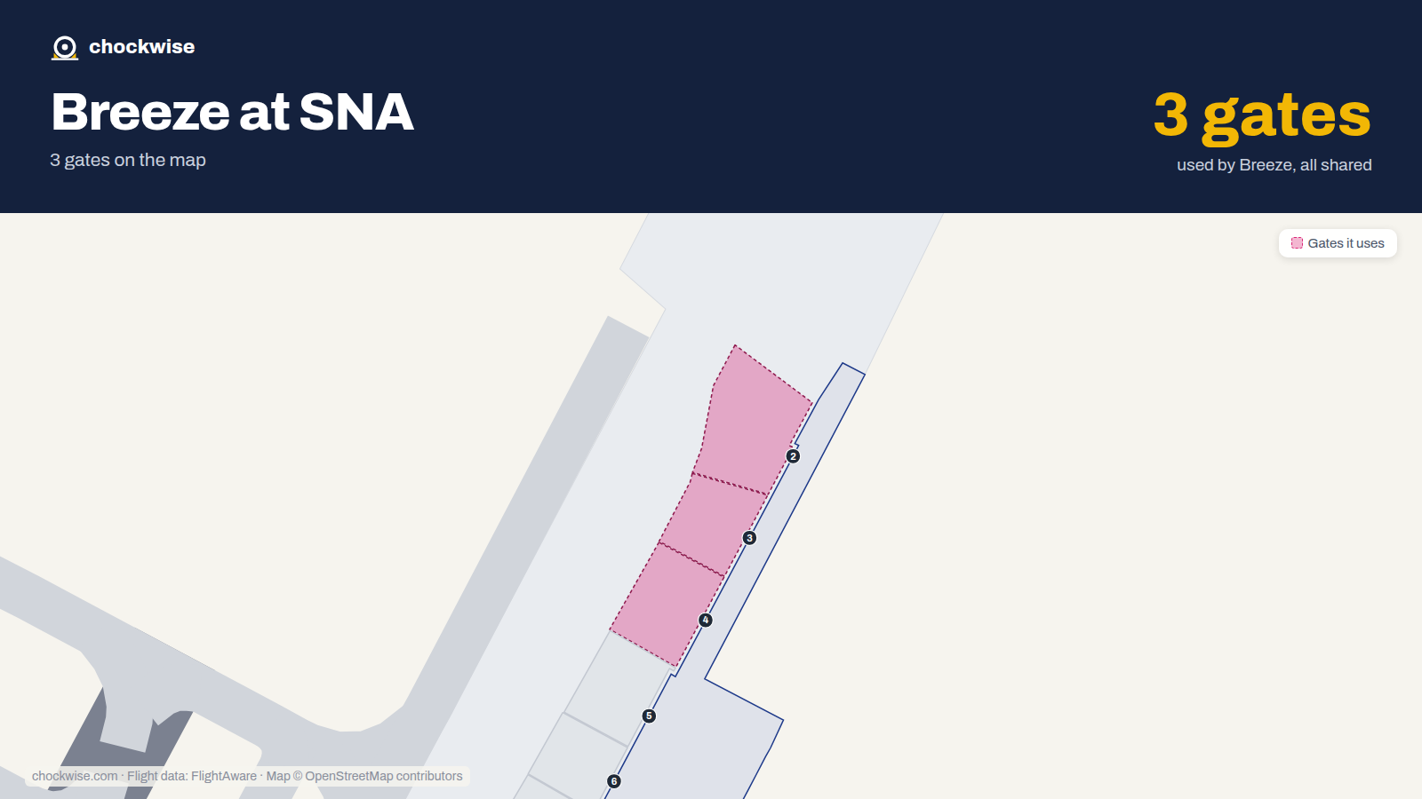 Map of SNA with the gates Breeze Airways uses highlighted: 1A, 2, 3 and 4.
