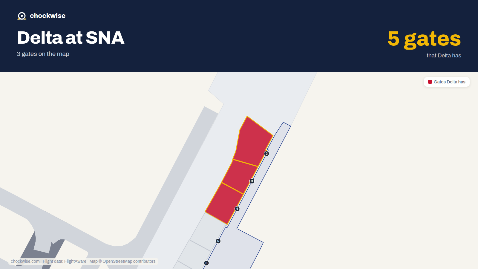 Map of SNA with the gates Delta Air Lines uses highlighted: 2, 3 and 4.