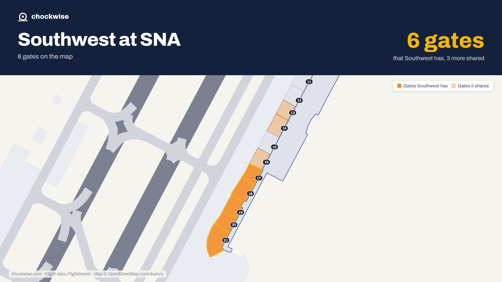 Map of SNA with the gates Southwest Airlines uses highlighted: 17, 18, 19, 20 and 21.
