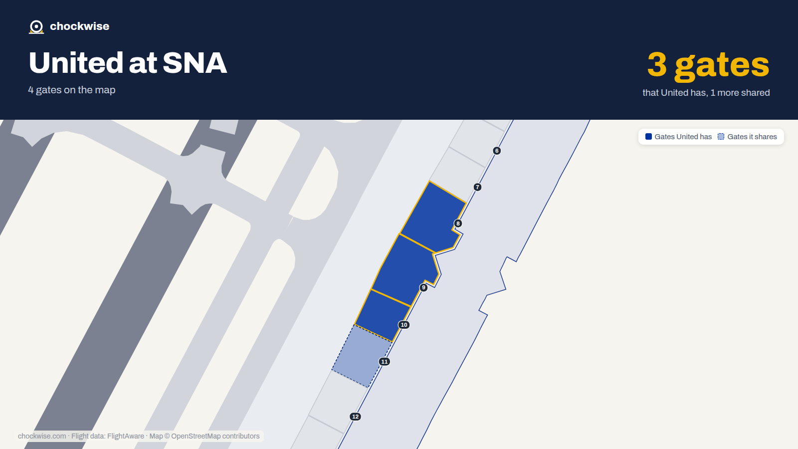 Map of SNA with the gates United Airlines uses highlighted: 8, 9 and 10.