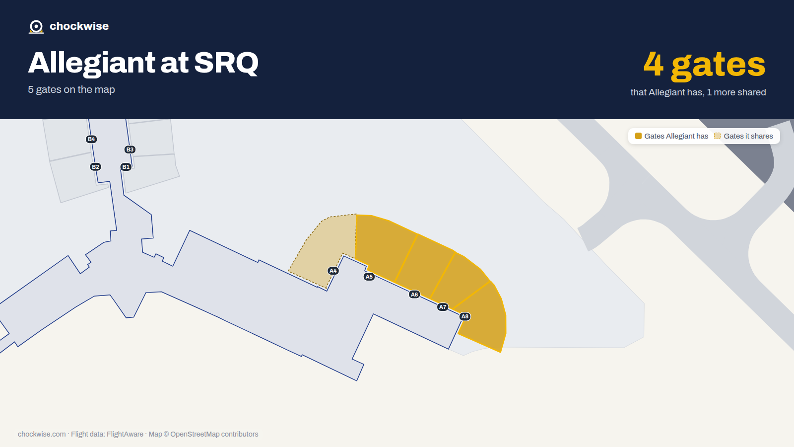 Map of SRQ with the gates Allegiant Air uses highlighted: A5, A6, A7 and A8.