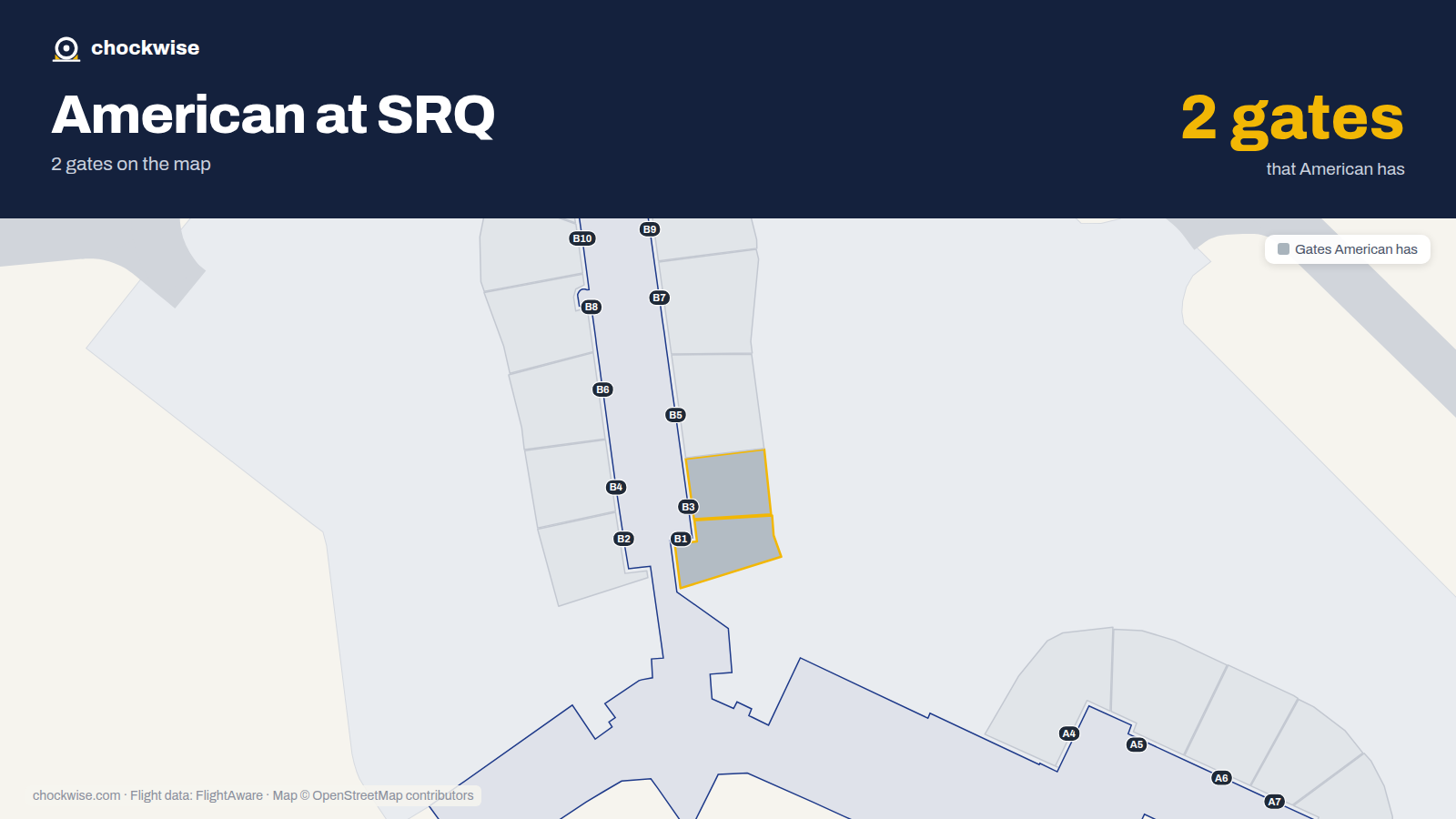 Map of SRQ with the gates American Airlines uses highlighted: B1 and B3.