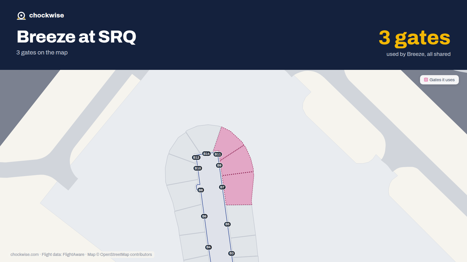 Map of SRQ with the gates Breeze Airways uses highlighted: B7, B9 and B11.