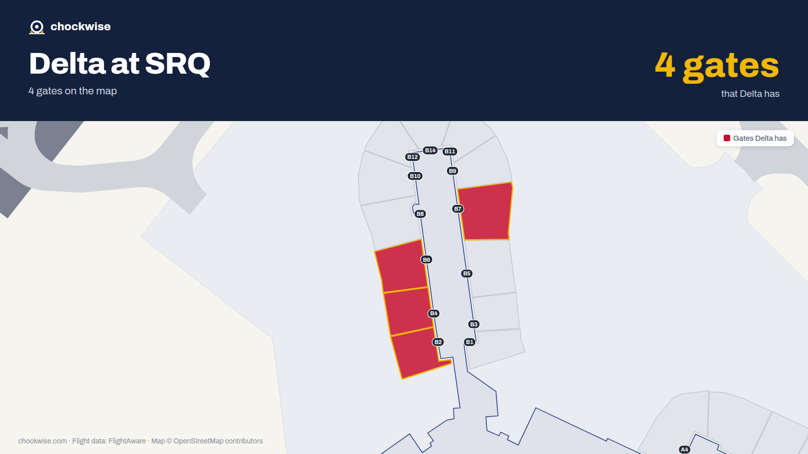 Map of SRQ with the gates Delta Air Lines uses highlighted: B2, B4, B6 and B7.