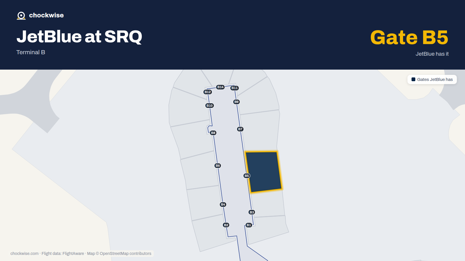 Map of SRQ with the gates JetBlue uses highlighted: B5.