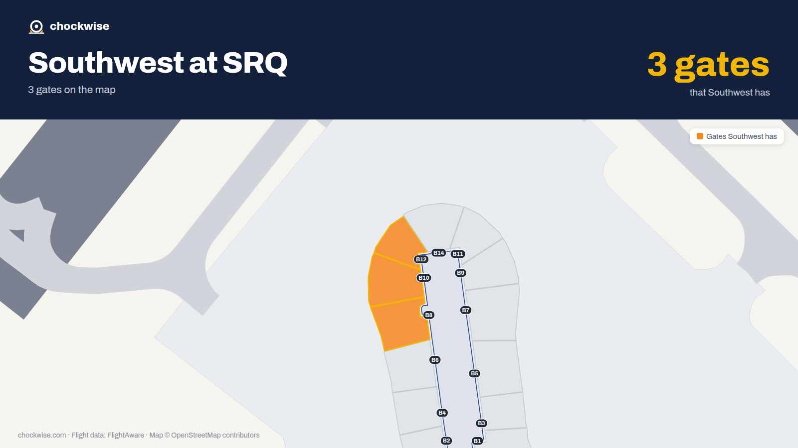 Map of SRQ with the gates Southwest Airlines uses highlighted: B8, B10 and B12.