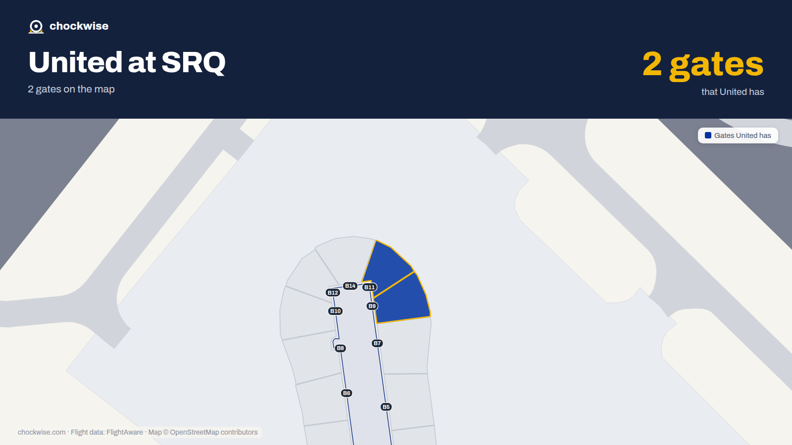 Map of SRQ with the gates United Airlines uses highlighted: B9 and B11.