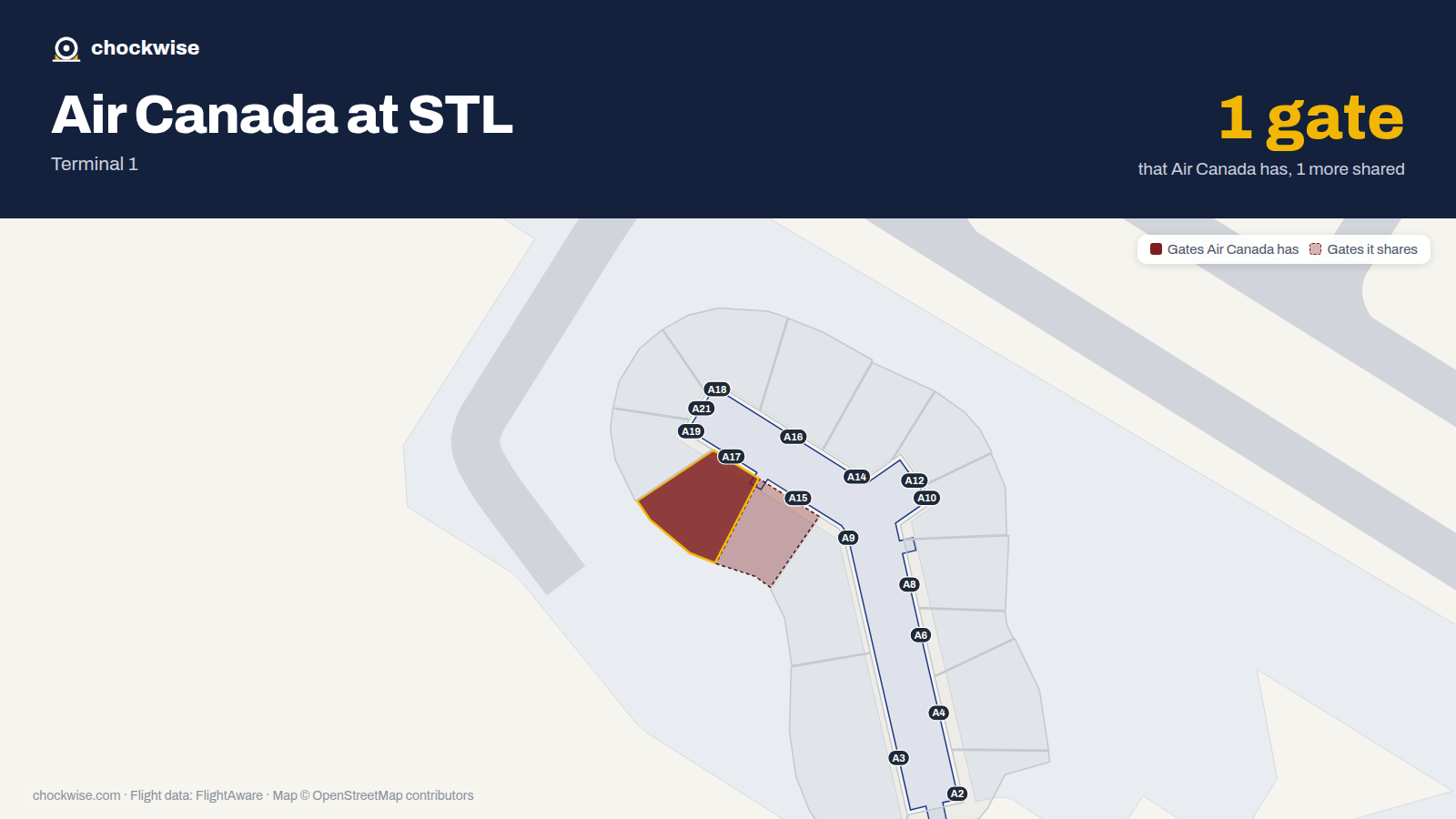 Map of STL with the gates Air Canada uses highlighted: A17.