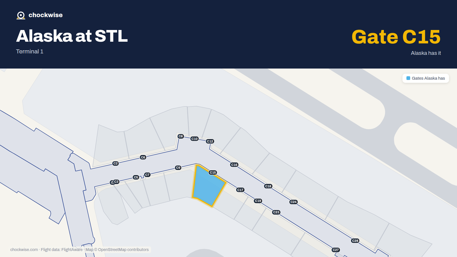 Map of STL with the gates Alaska Airlines uses highlighted: C15.