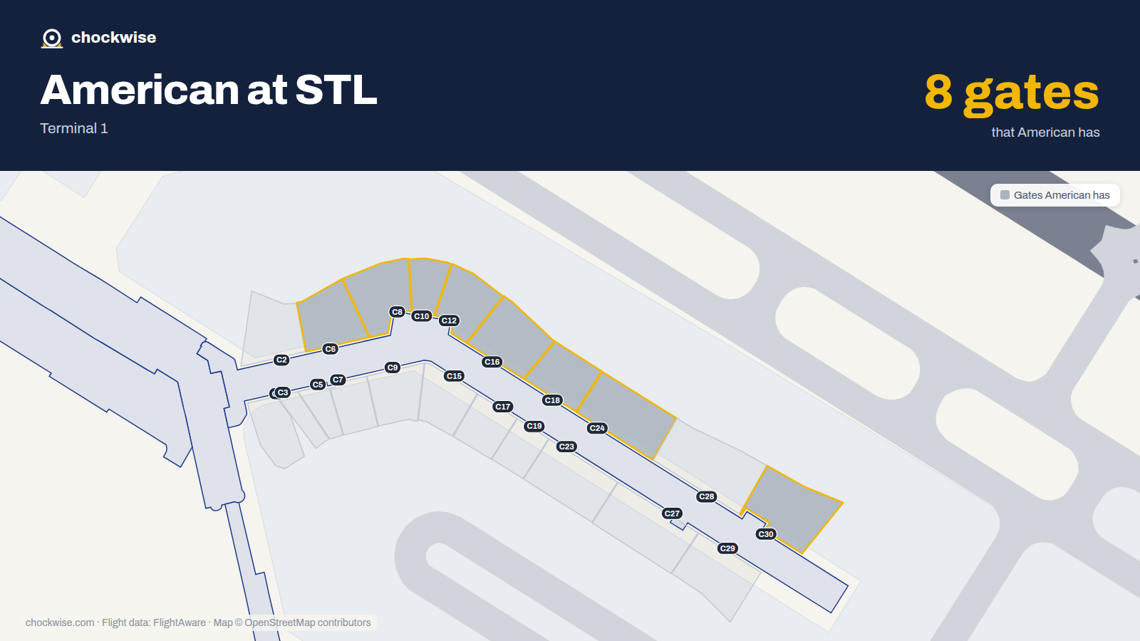 Map of STL with the gates American Airlines uses highlighted: C6, C8, C10, C12, C16, C18, C24 and C30.