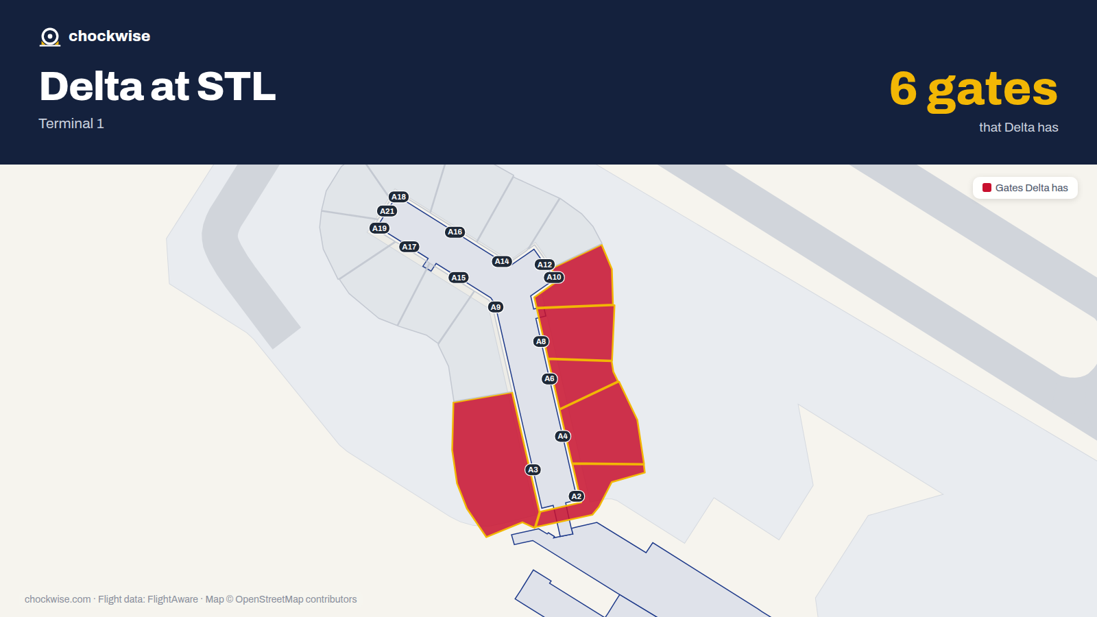Map of STL with the gates Delta Air Lines uses highlighted: A2, A3, A4, A6, A8 and A10.