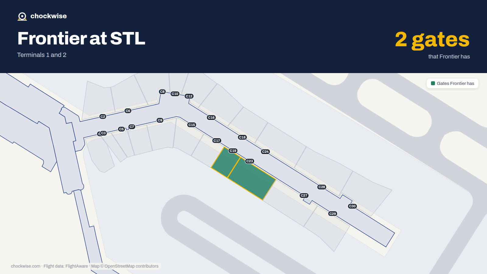 Map of STL with the gates Frontier Airlines uses highlighted: C19 and C23.