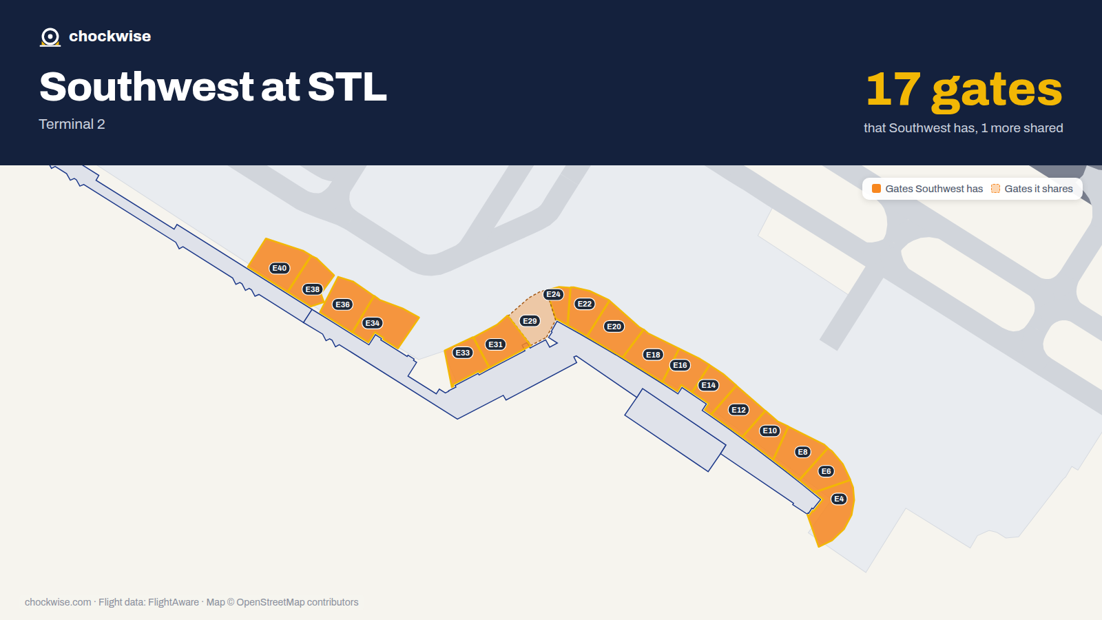 Map of STL with the gates Southwest Airlines uses highlighted: E4, E6, E8, E10, E12, E14, E16, E18 and 9 more.