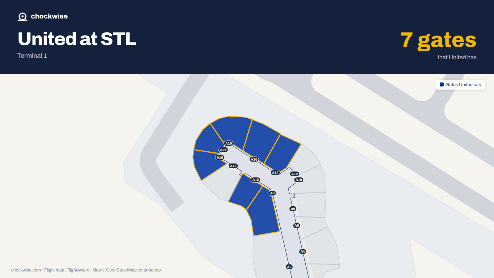 Map of STL with the gates United Airlines uses highlighted: A9, A14, A15, A16, A18, A19 and A21.