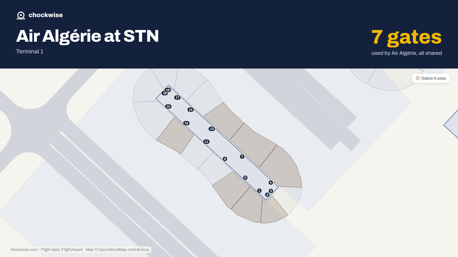 Map of STN with the gates Air Algérie uses highlighted: 1, 2, 4, 5, 7, 12 and 13.