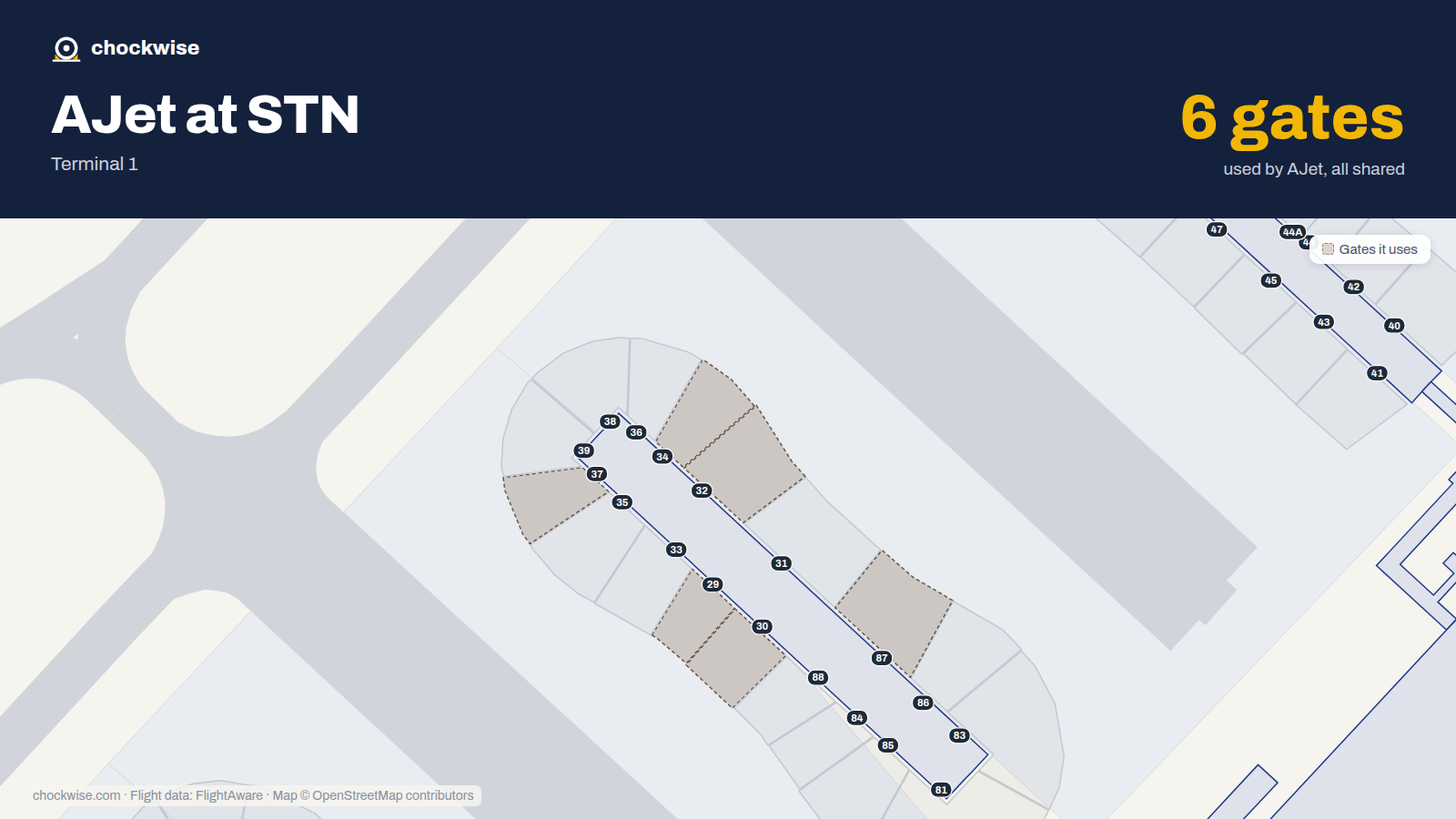 Map of STN with the gates AJet uses highlighted: 29, 30, 32, 34, 37 and 87.
