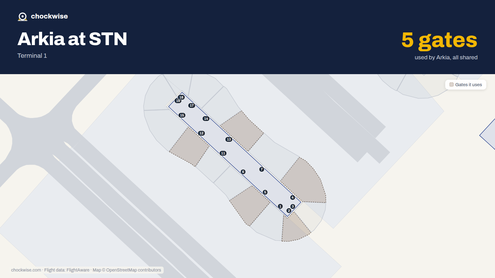 Map of STN with the gates Arkia Israeli Airlines uses highlighted: 2, 4, 5, 12 and 13.