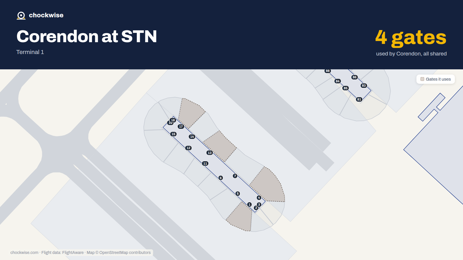 Map of STN with the gates Corendon Airlines uses highlighted: 1, 4, 13 and 17.