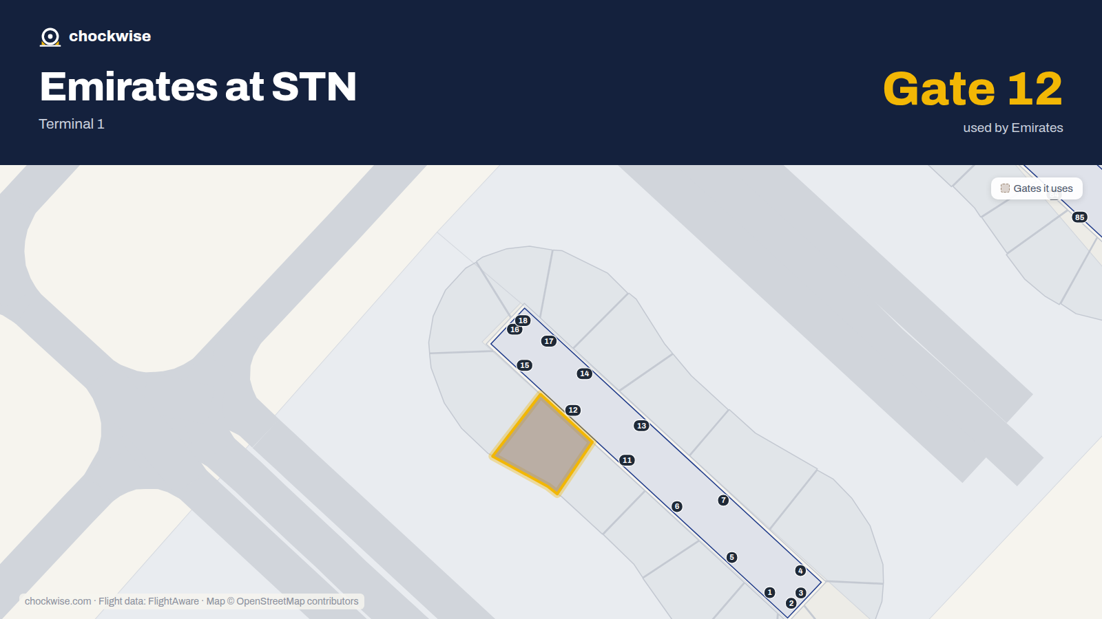 Map of STN with the gates Emirates uses highlighted: 12.
