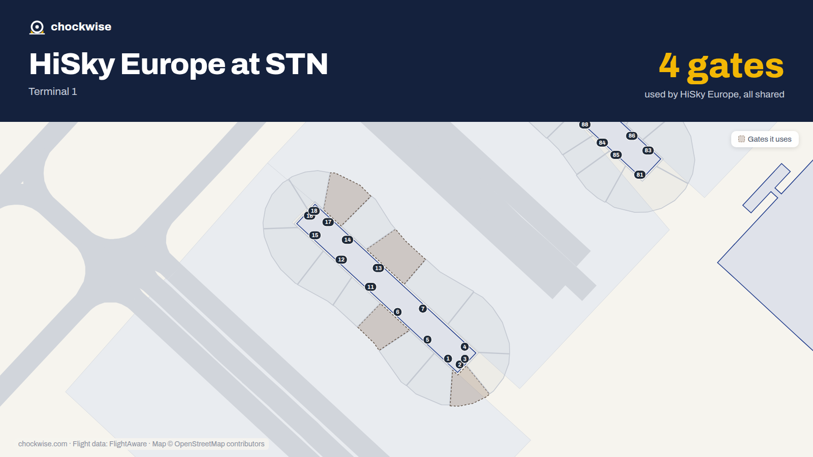 Map of STN with the gates HiSky Europe uses highlighted: 2, 6, 13 and 17.