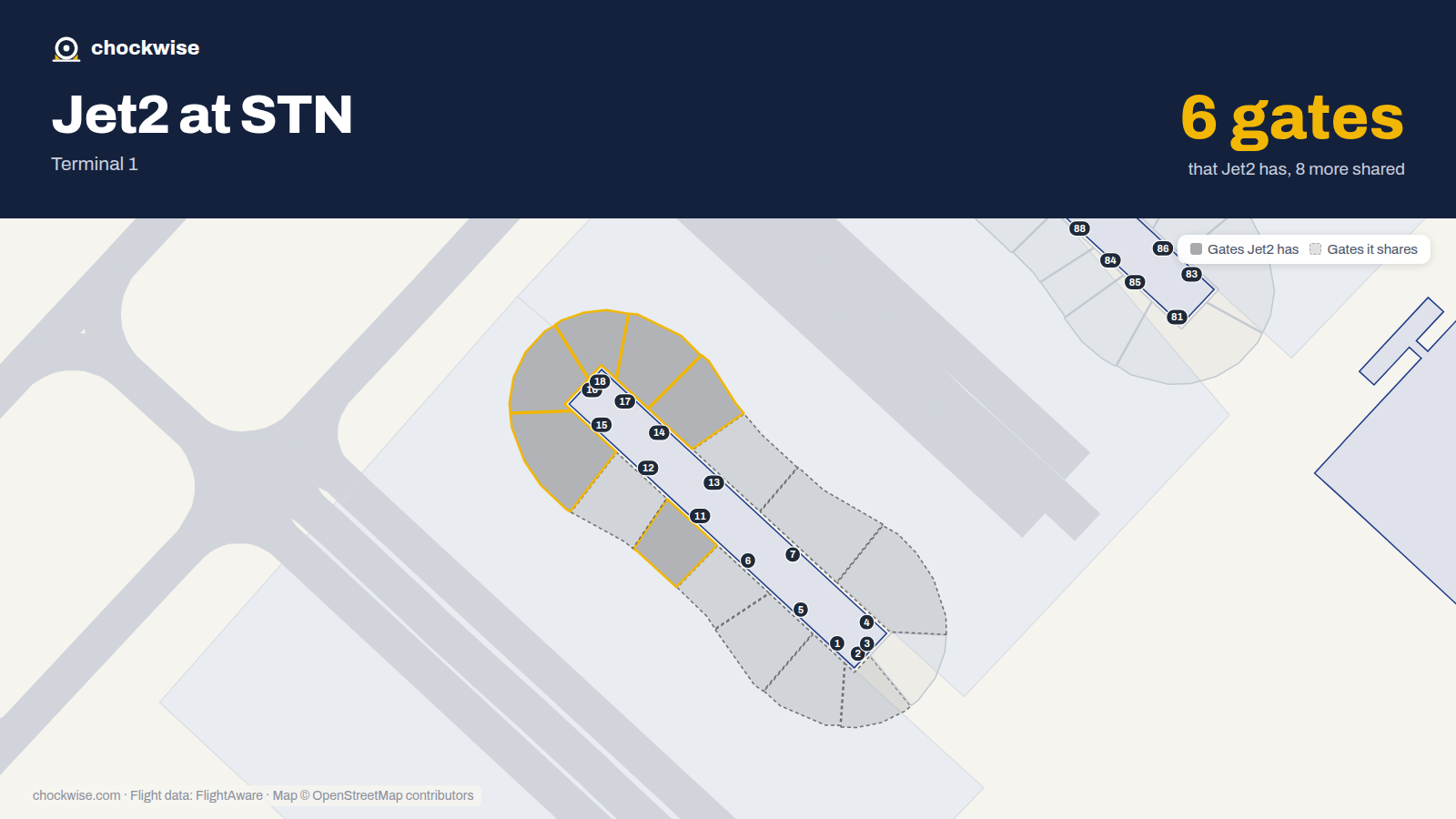 Map of STN with the gates Jet2.com uses highlighted: 11, 14, 15, 16, 17 and 18.