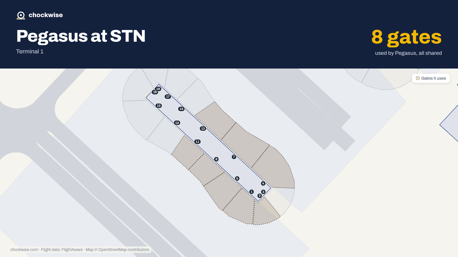 Map of STN with the gates Pegasus Airlines uses highlighted: 1, 2, 4, 5, 6, 7, 11 and 13.