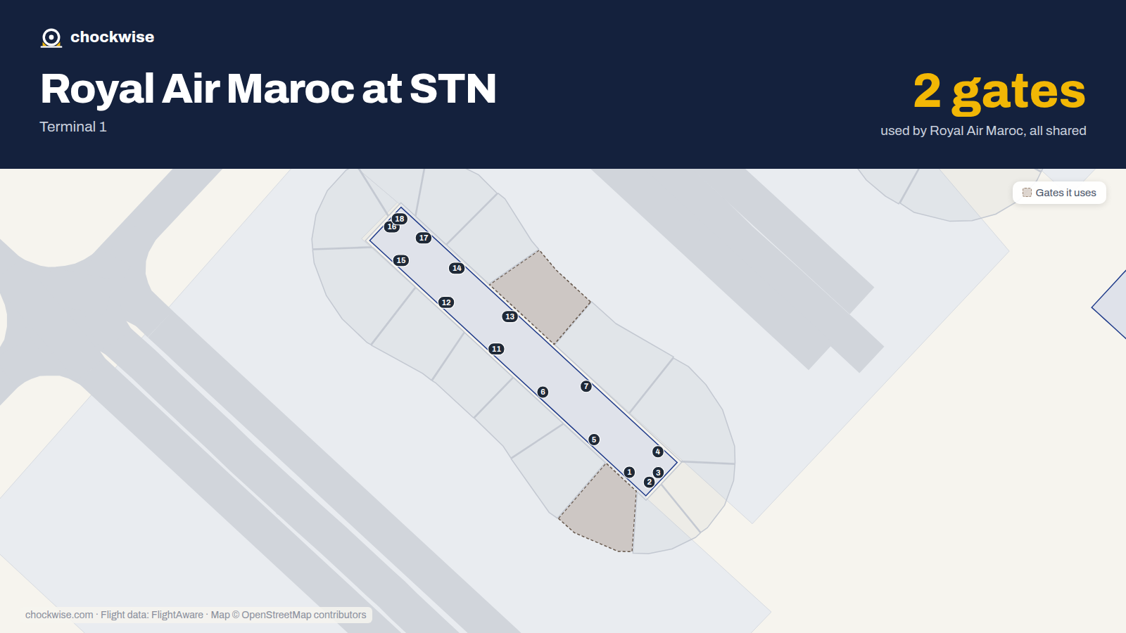 Map of STN with the gates Royal Air Maroc uses highlighted: 1 and 13.