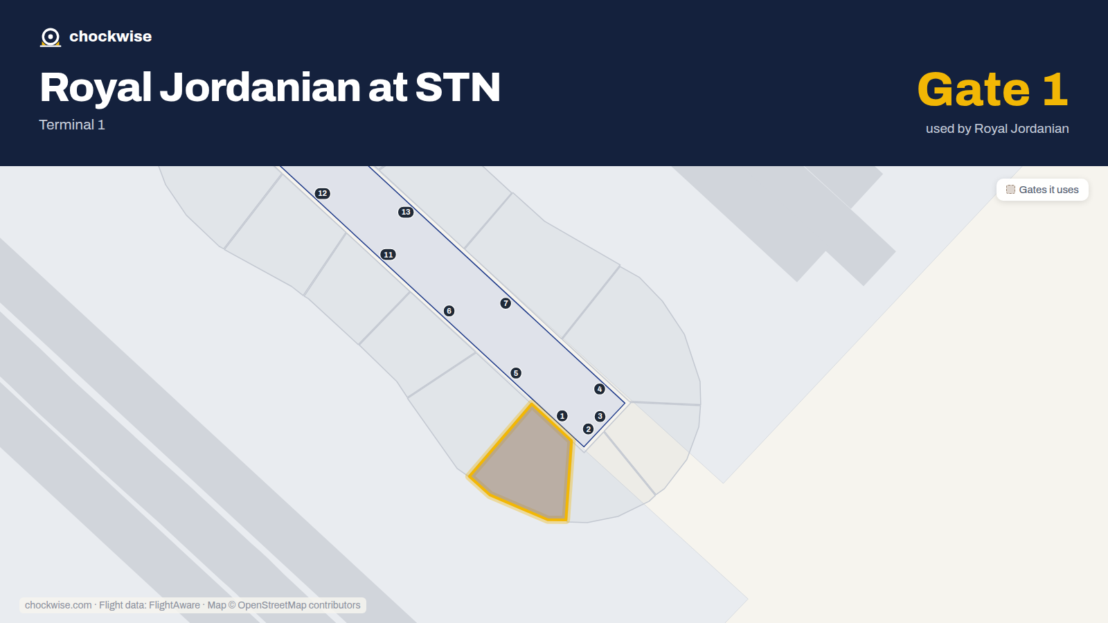 Map of STN with the gates Royal Jordanian uses highlighted: 1.