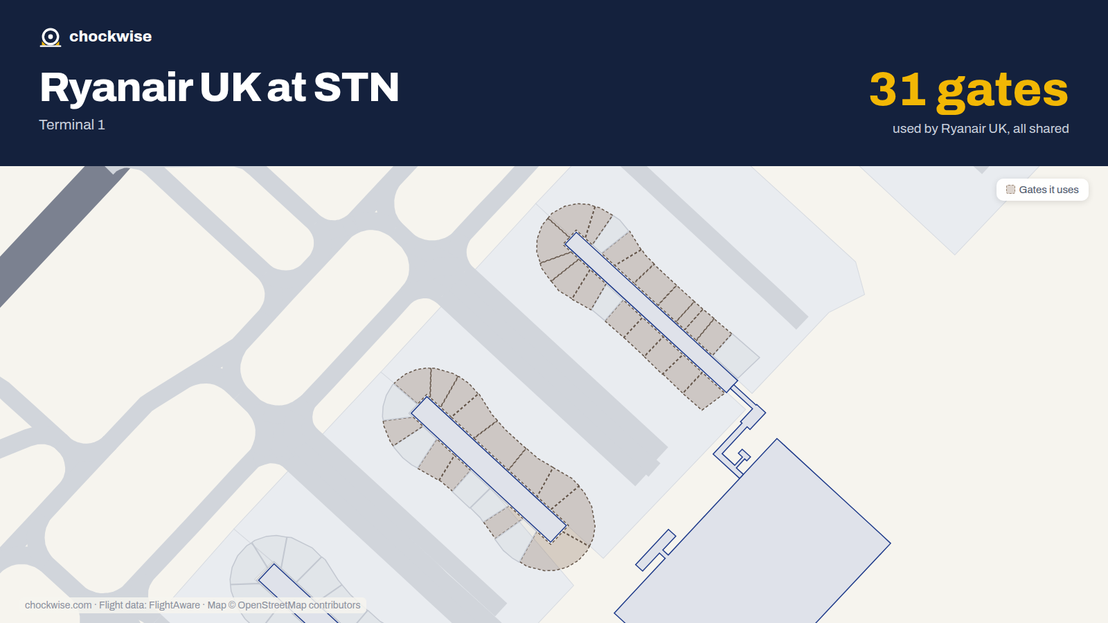 Map of STN with the gates Ryanair UK uses highlighted: 29, 31, 32, 33, 34, 36, 37, 38 and 23 more.