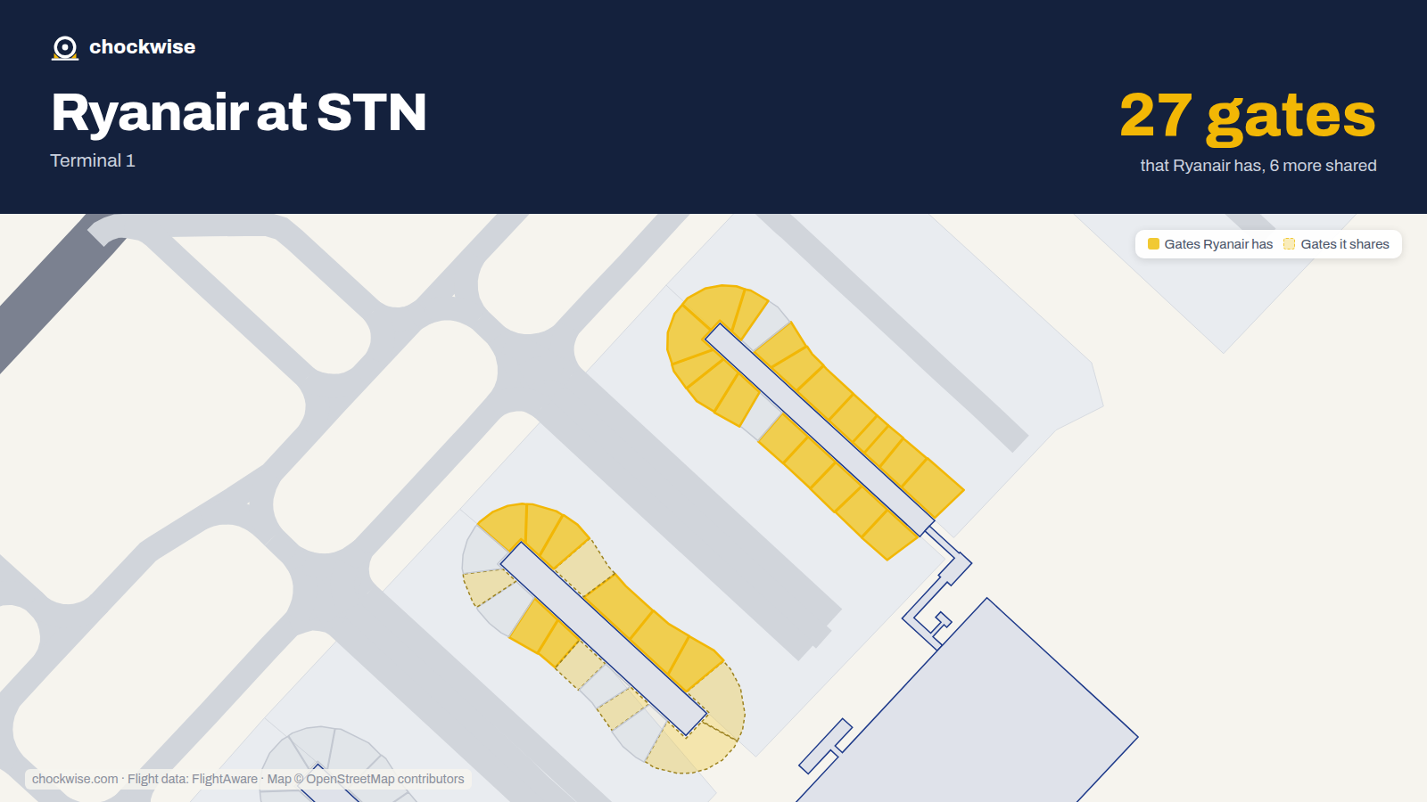 Map of STN with the gates Ryanair uses highlighted: 29, 31, 33, 34, 36, 38, 40, 41 and 19 more.