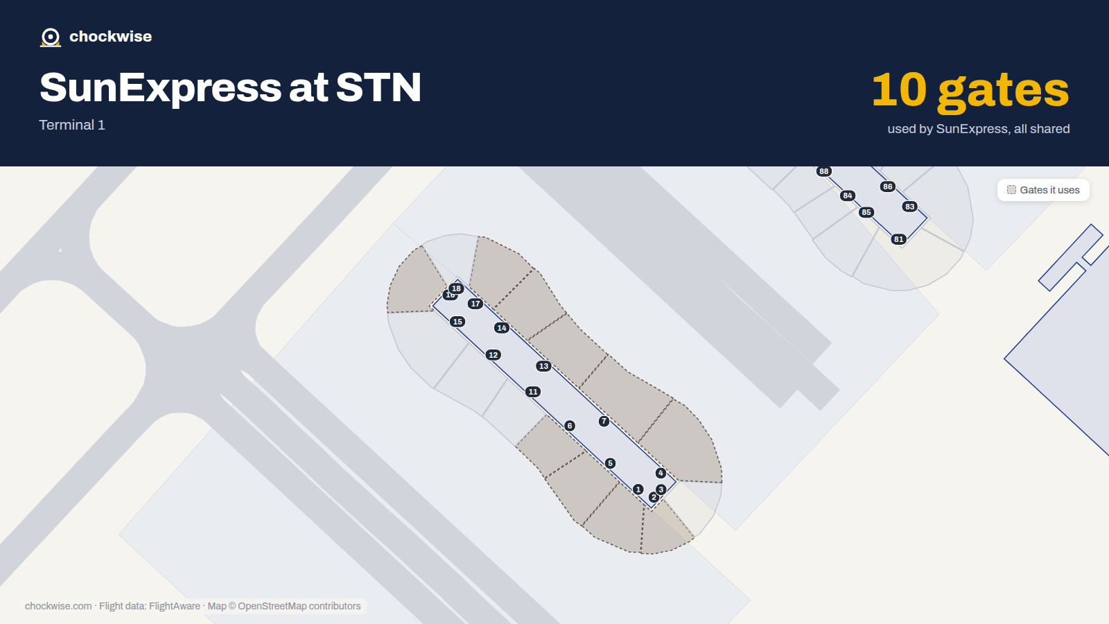 Map of STN with the gates SunExpress uses highlighted: 1, 2, 4, 5, 6, 7, 13, 14 and 2 more.