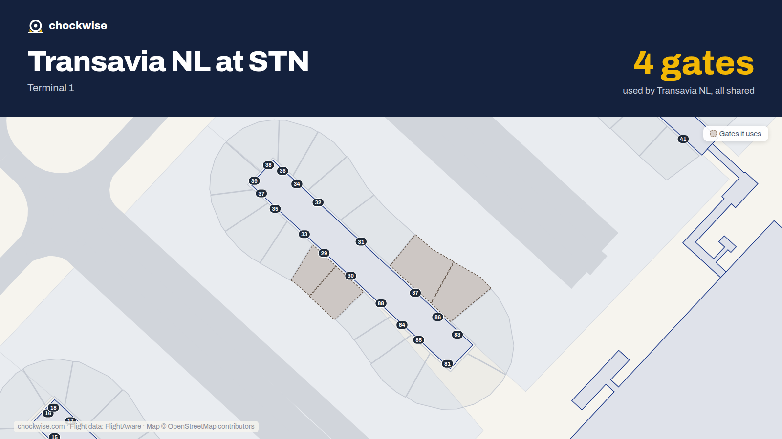 Map of STN with the gates Transavia uses highlighted: 29, 30, 86 and 87.