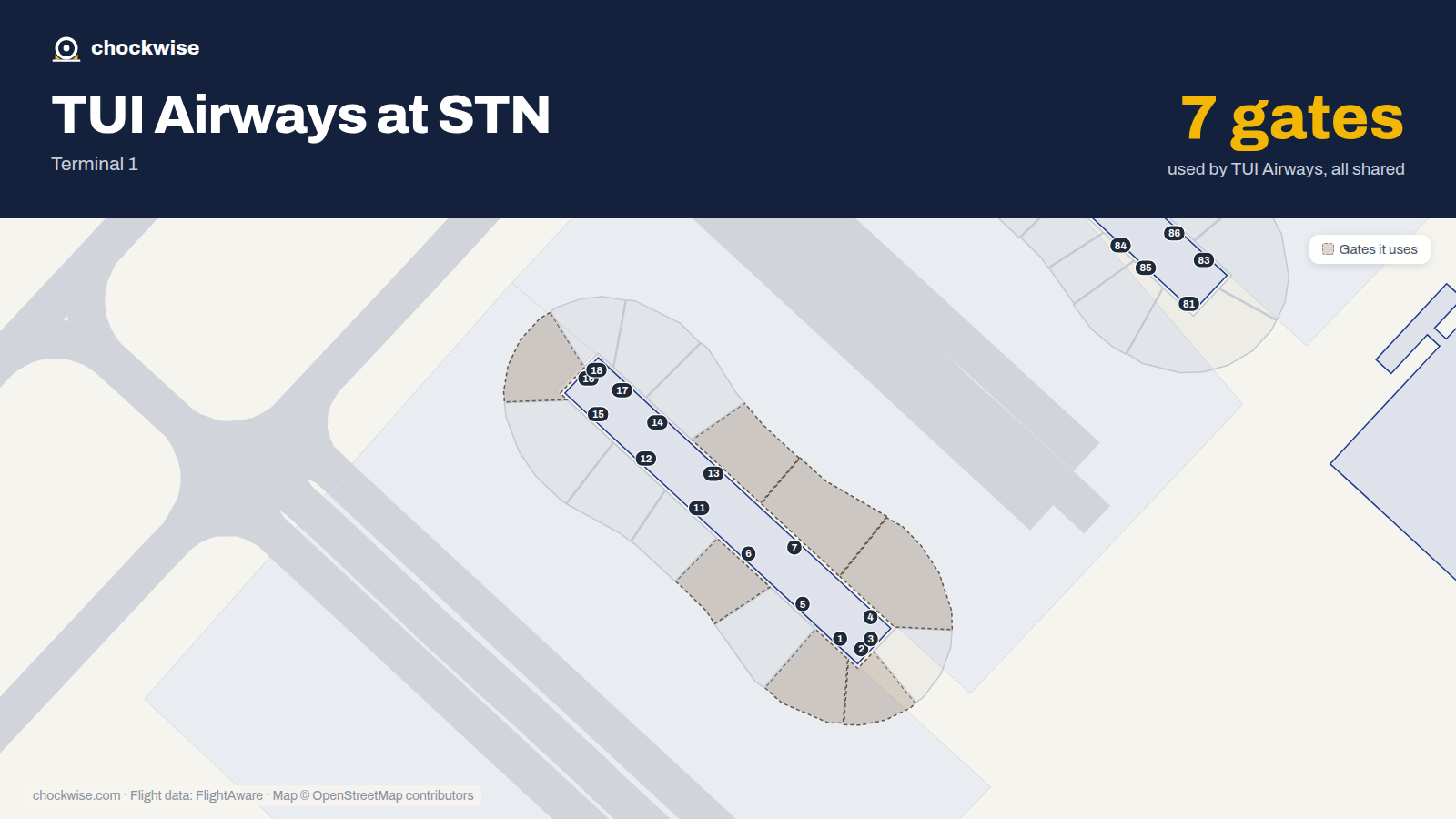 Map of STN with the gates TUI Airways uses highlighted: 1, 2, 4, 6, 7, 13 and 16.
