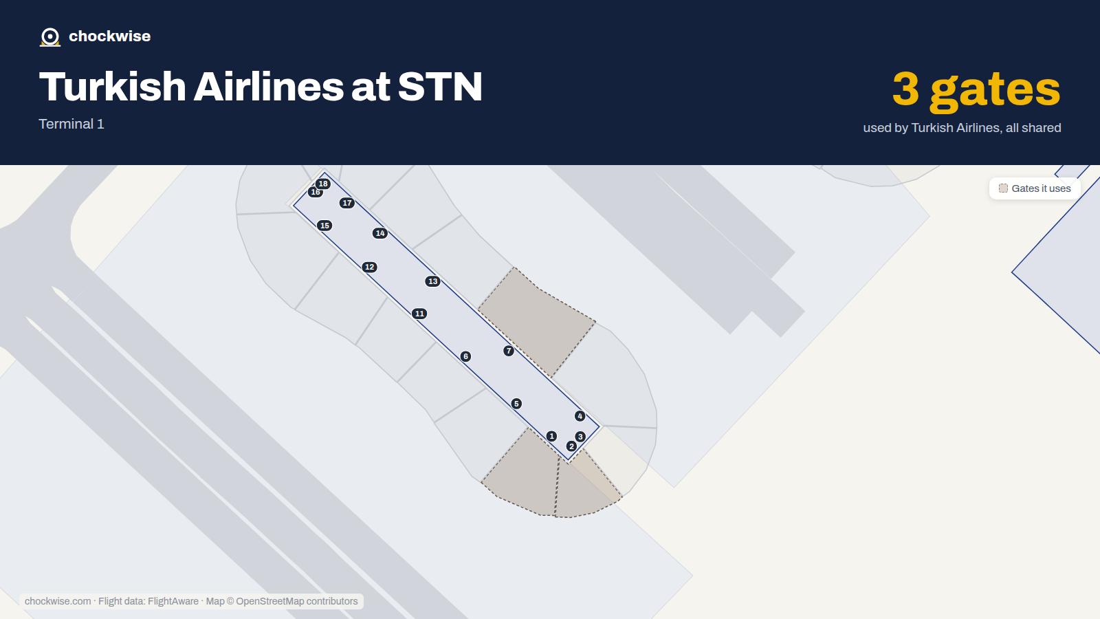 Map of STN with the gates Turkish Airlines uses highlighted: 1, 2 and 7.