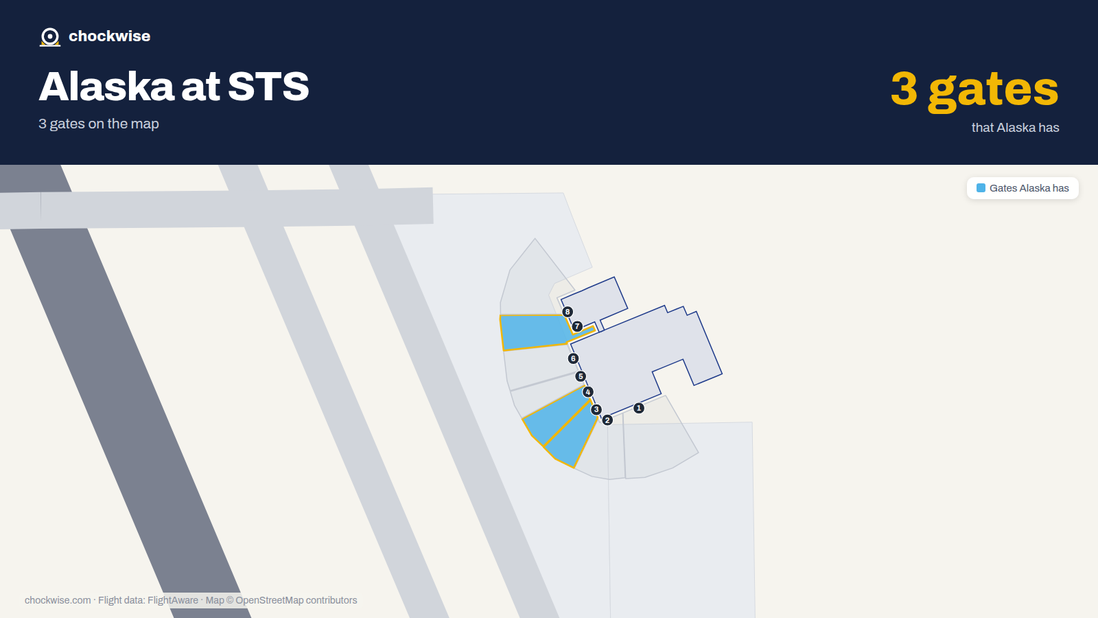 Map of STS with the gates Alaska Airlines uses highlighted: 3, 4 and 7.