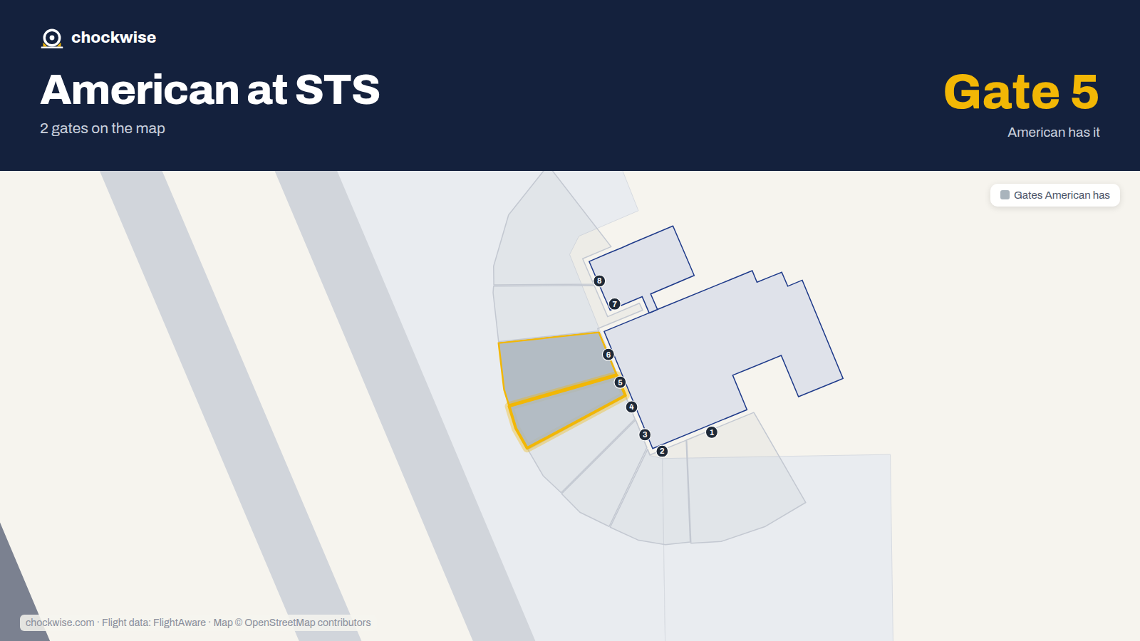 Map of STS with the gates American Airlines uses highlighted: 5 and 6.