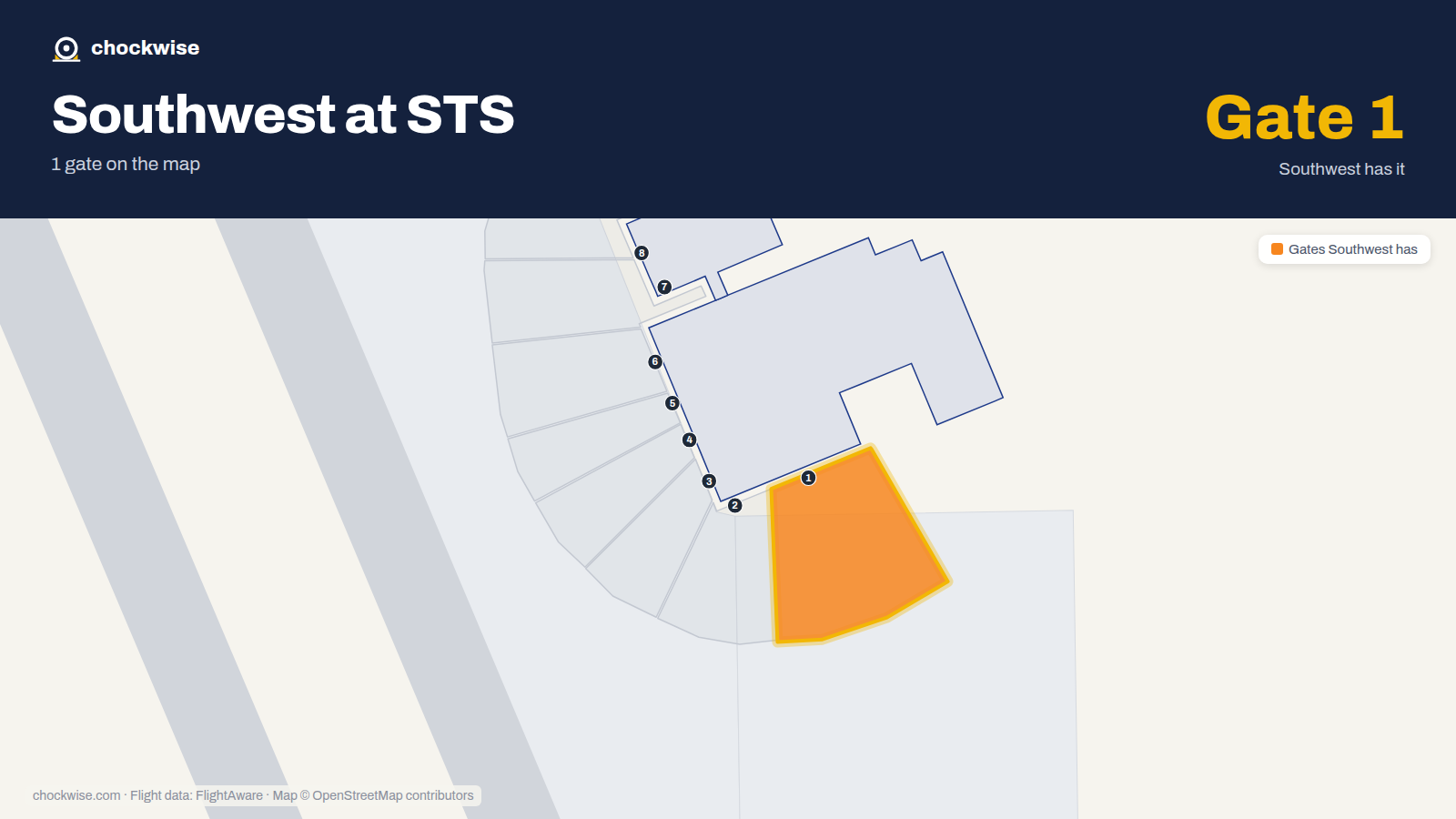 Map of STS with the gates Southwest Airlines uses highlighted: 1.