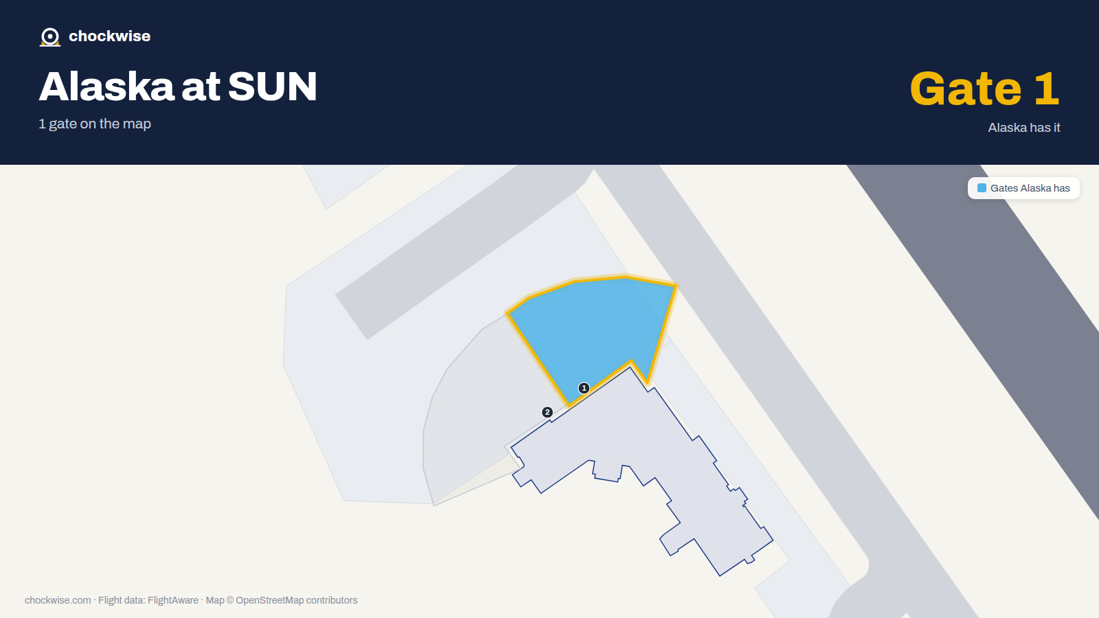 Map of SUN with the gates Alaska Airlines uses highlighted: 1.