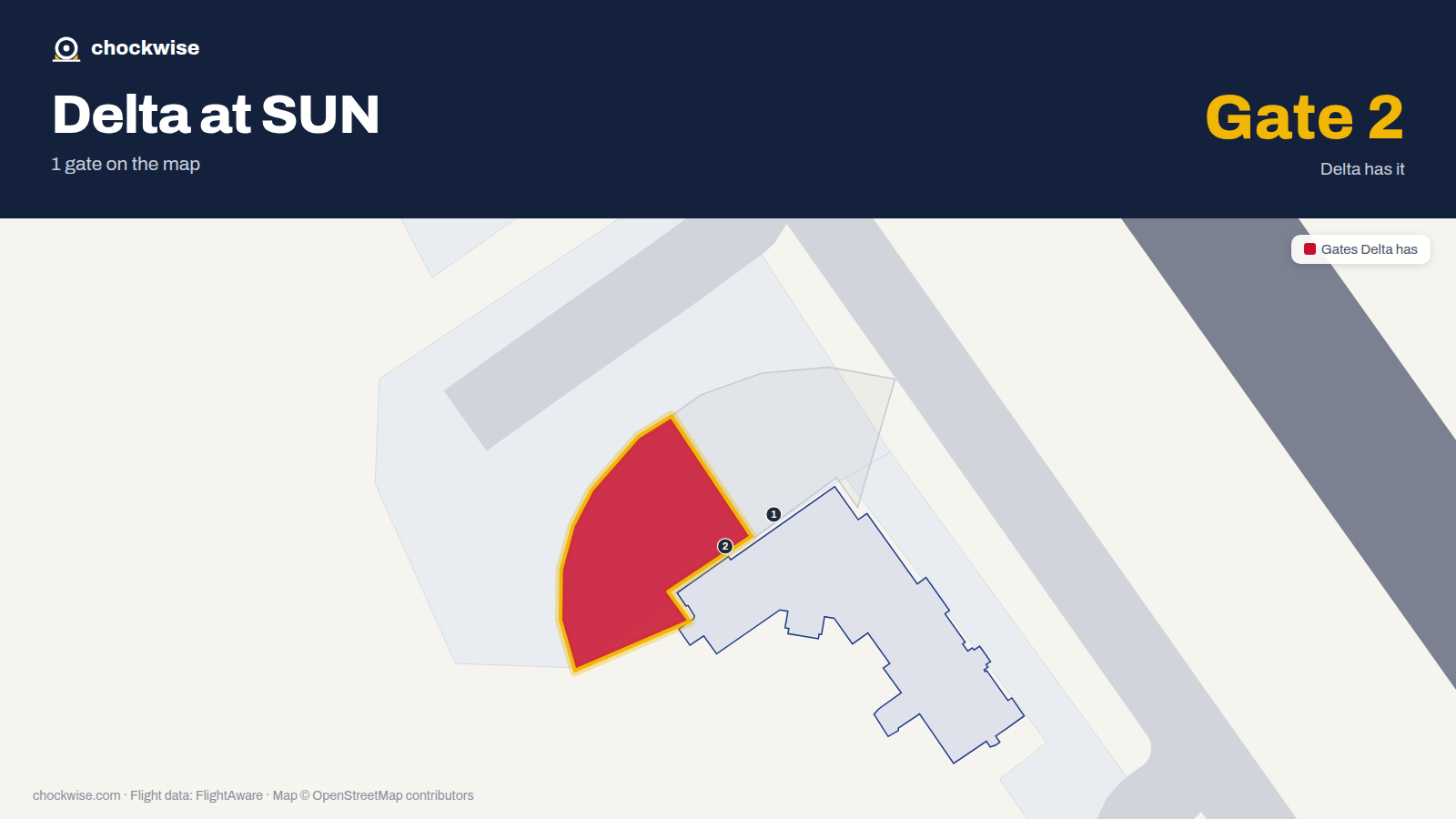 Map of SUN with the gates Delta Air Lines uses highlighted: 2.