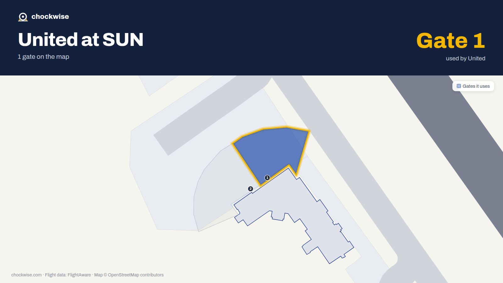 Map of SUN with the gates United Airlines uses highlighted: 1.