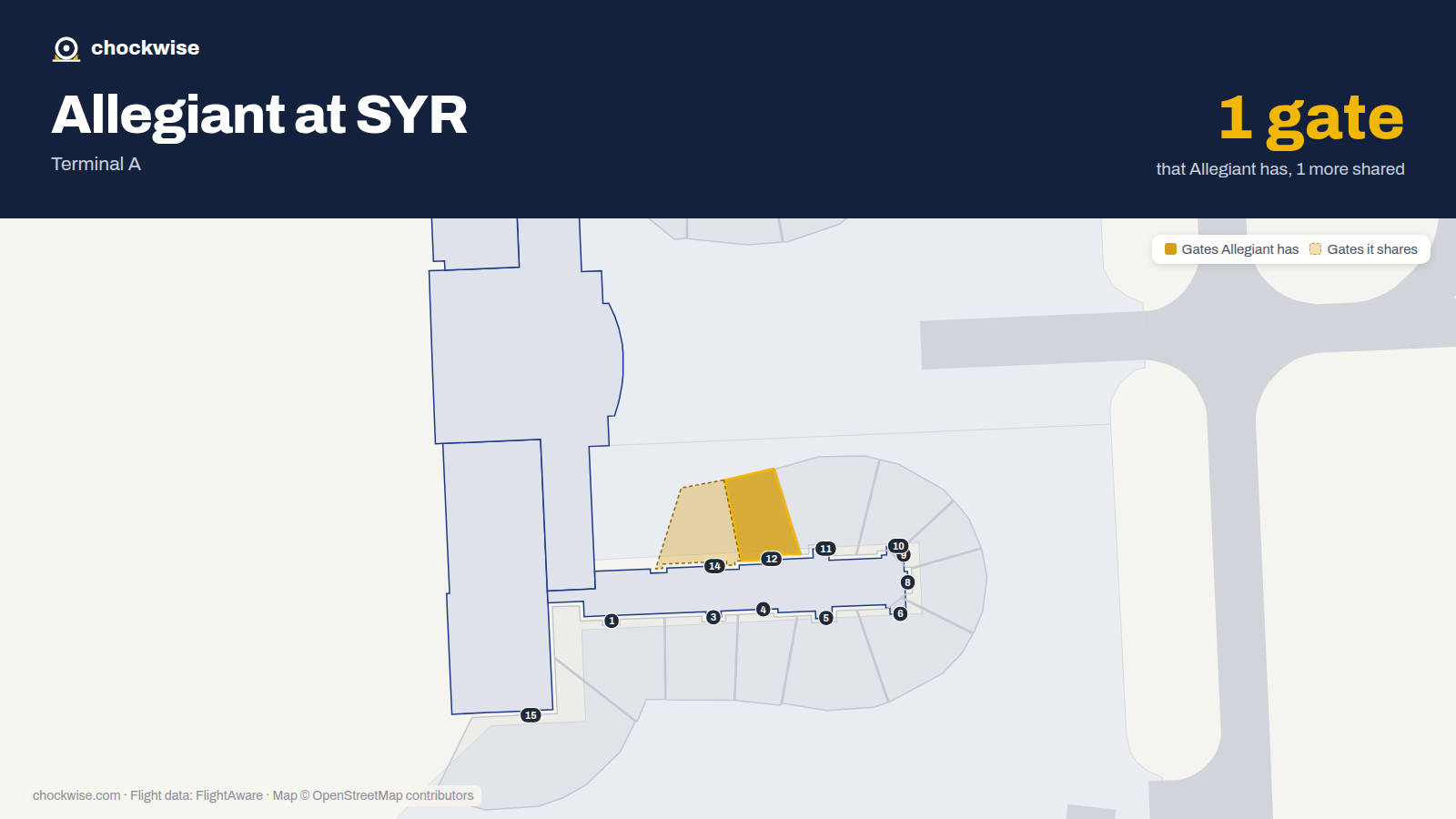 Map of SYR with the gates Allegiant Air uses highlighted: 12.
