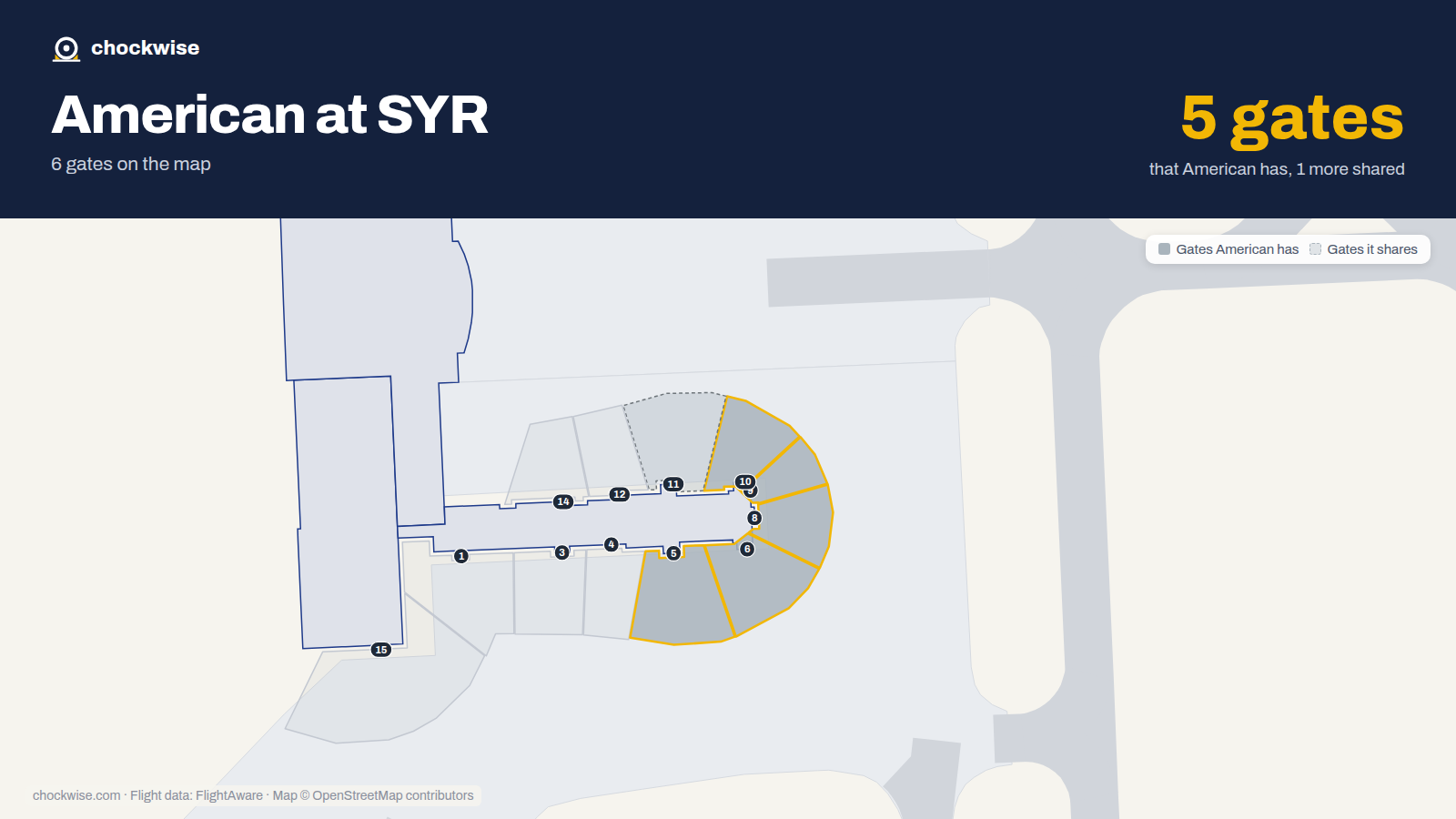 Map of SYR with the gates American Airlines uses highlighted: 5, 6, 8, 9 and 10.