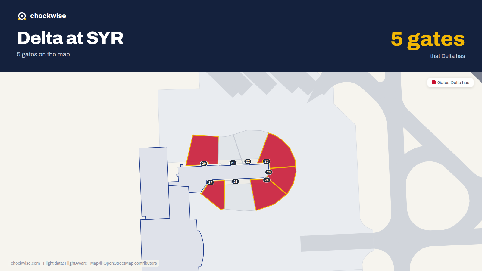 Map of SYR with the gates Delta Air Lines uses highlighted: 20, 23, 24, 25 and 27.