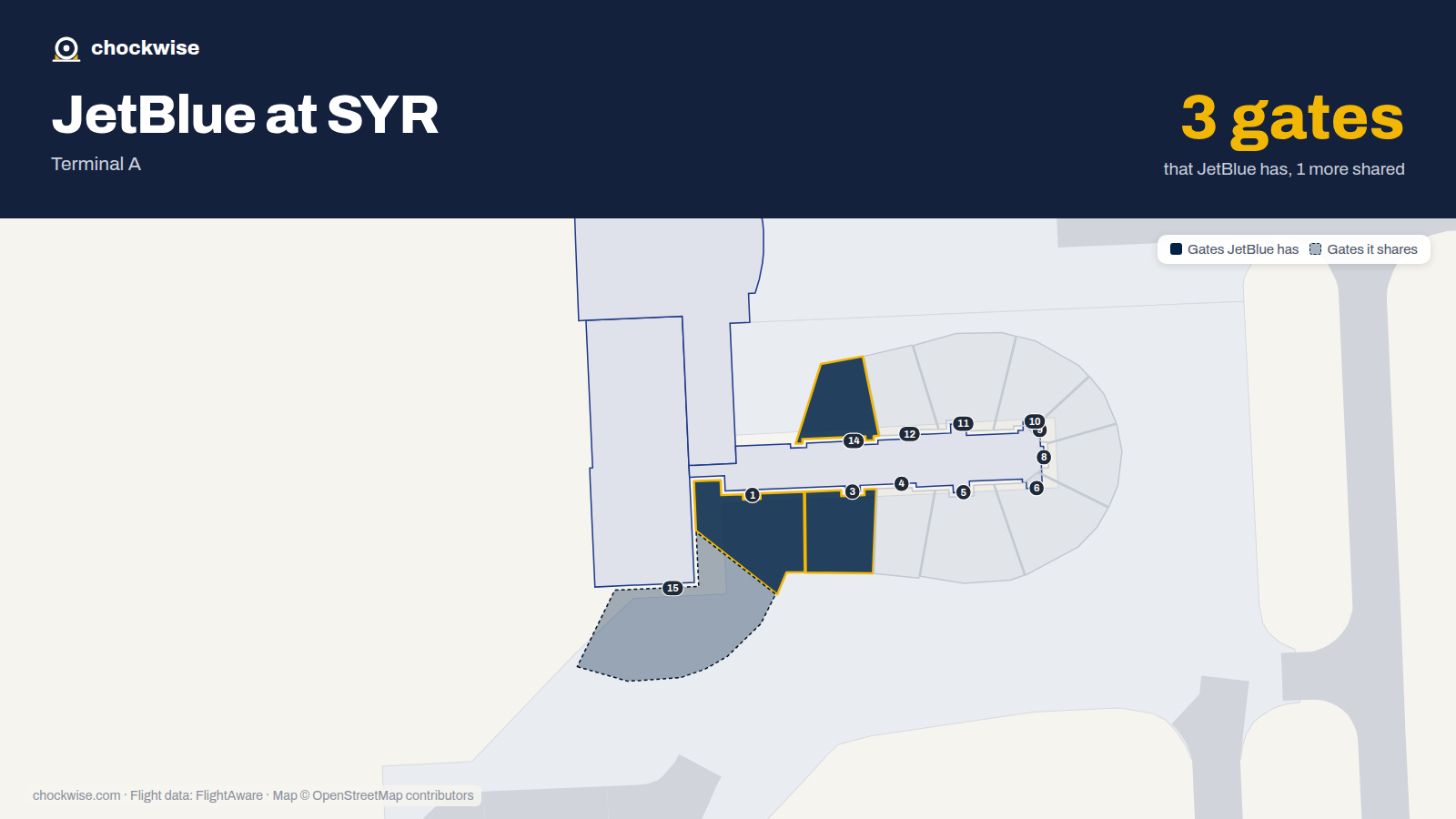 Map of SYR with the gates JetBlue uses highlighted: 1, 3 and 14.